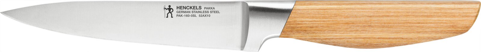 Henckels by Zwilling Fleischmesser PAKKA Henckels Pakka Küchenmesser mit breiter Edelstahlklinge und hellbraunem Holzgriff in seitlicher Gesamtansicht