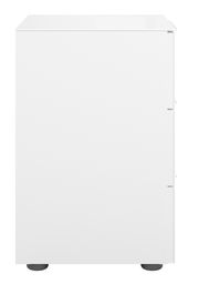 Weiße Nachtkommode in minimalistischer Frontansicht mit schlichten Linien und modernen Design.