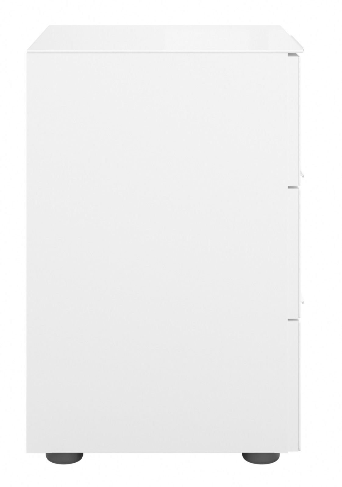 Weiße Nachtkommode in minimalistischer Frontansicht mit schlichten Linien und modernen Design.