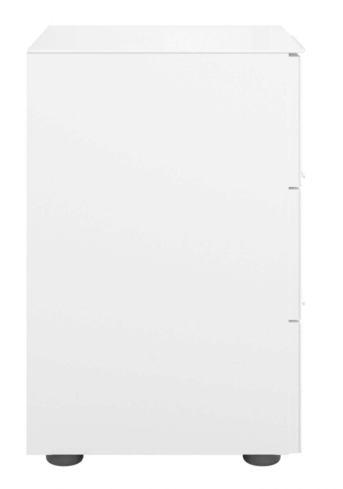 Weiße Nachtkommode in minimalistischer Frontansicht mit schlichten Linien und modernen Design.