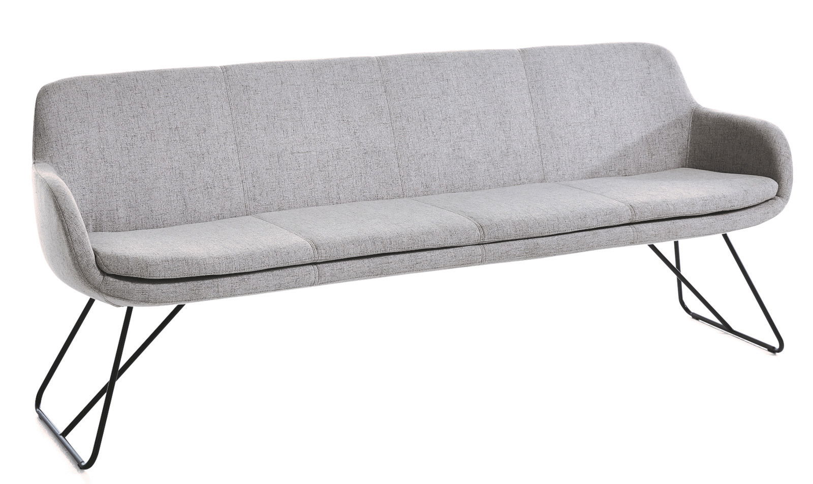 Graue Polsterbank mit modernem Design und Metallbeinen, seitliche Perspektive