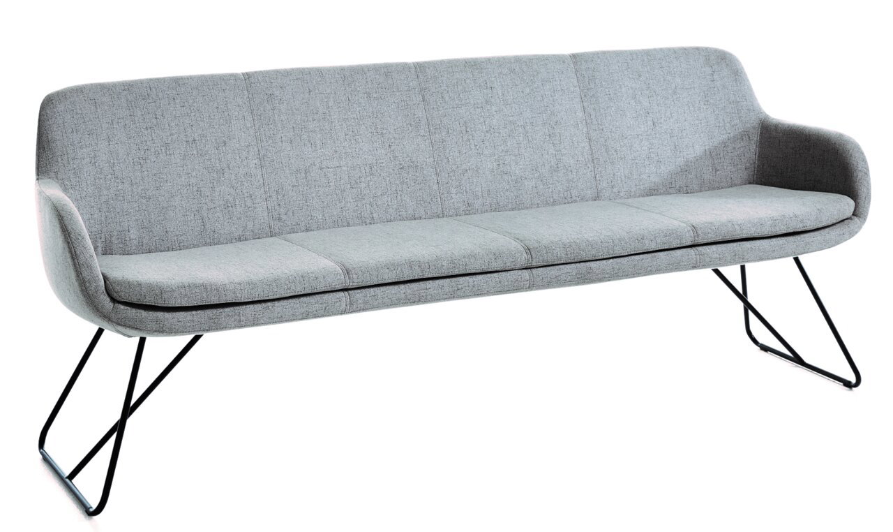 Graue Polsterbank mit modernem Design und Metallbeinen, seitliche Perspektive