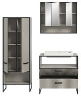Moderne Badkombination mit Spiegelschrank, Waschbeckenunterschrank und Hochschrank in Frontansicht