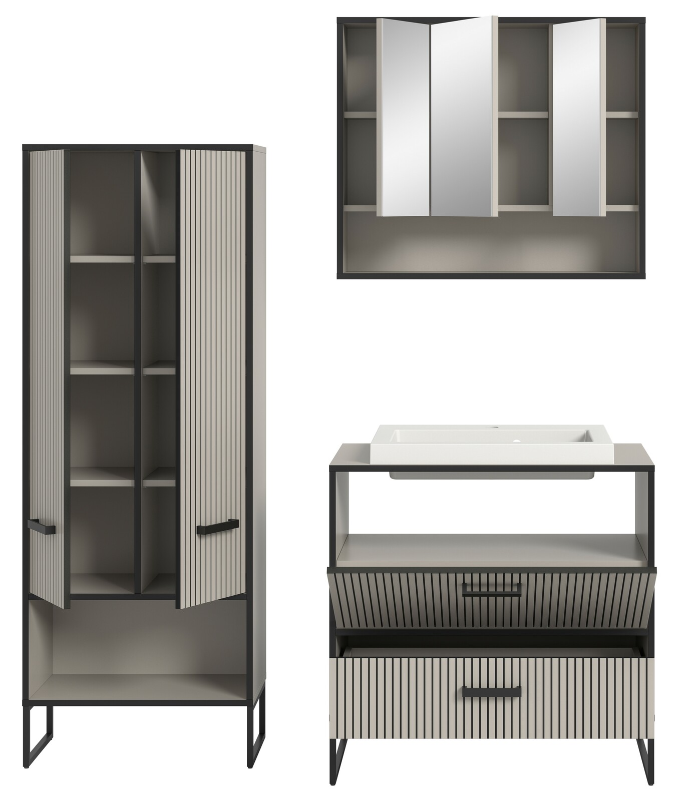 Moderne Badkombination mit Spiegelschrank, Waschbeckenunterschrank und Hochschrank in Frontansicht