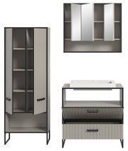 Moderne Badkombination mit Spiegelschrank, Waschbeckenunterschrank und Hochschrank in Frontansicht