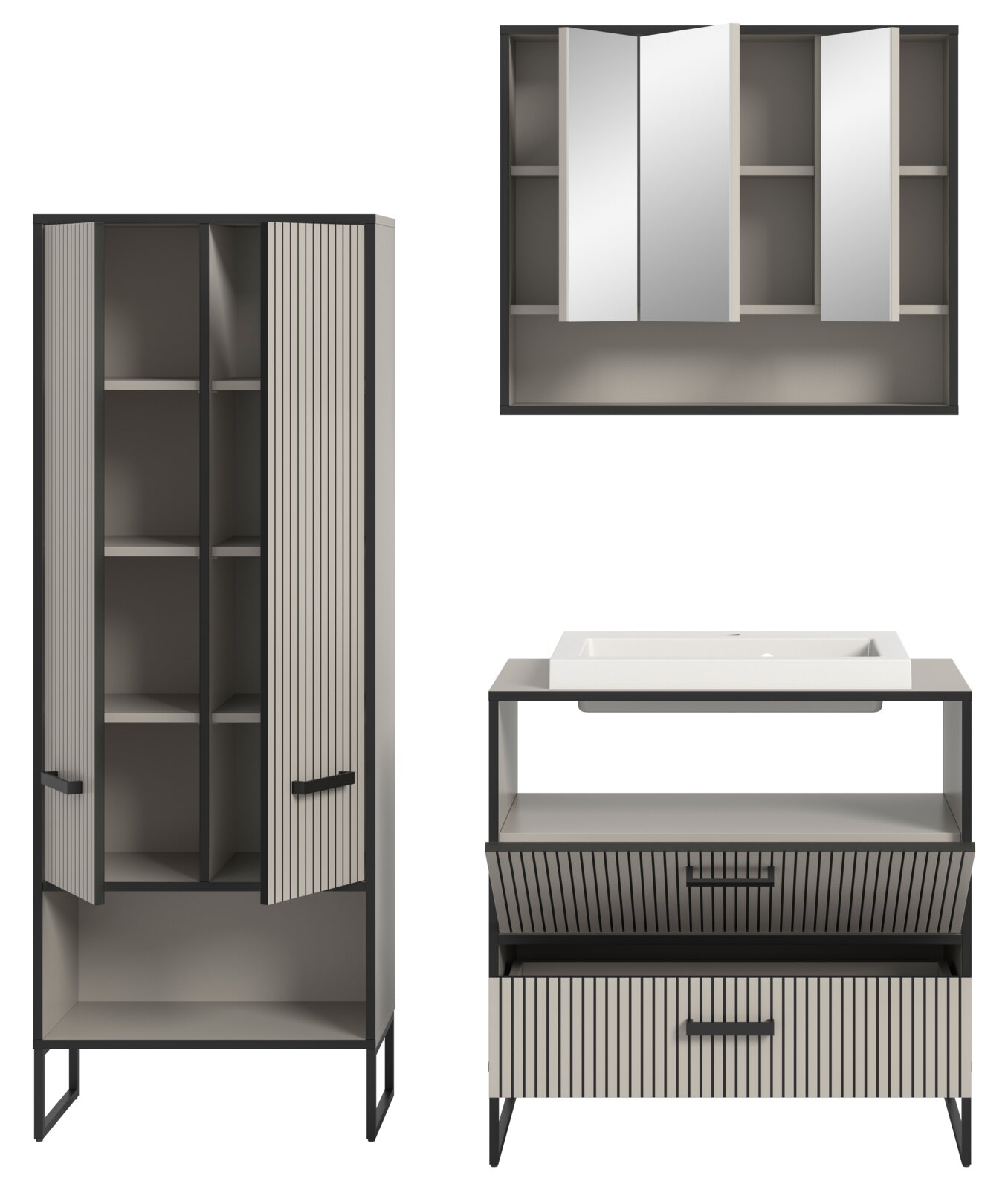 Moderne Badkombination mit Spiegelschrank, Waschbeckenunterschrank und Hochschrank in Frontansicht