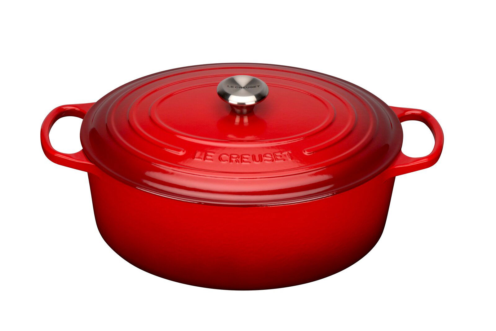 LE CREUSET Bräter Oval 35cm Kirschrot Roter ovaler Bräter mit Deckel und seitlichen Griffen, Ansicht von schräg oben