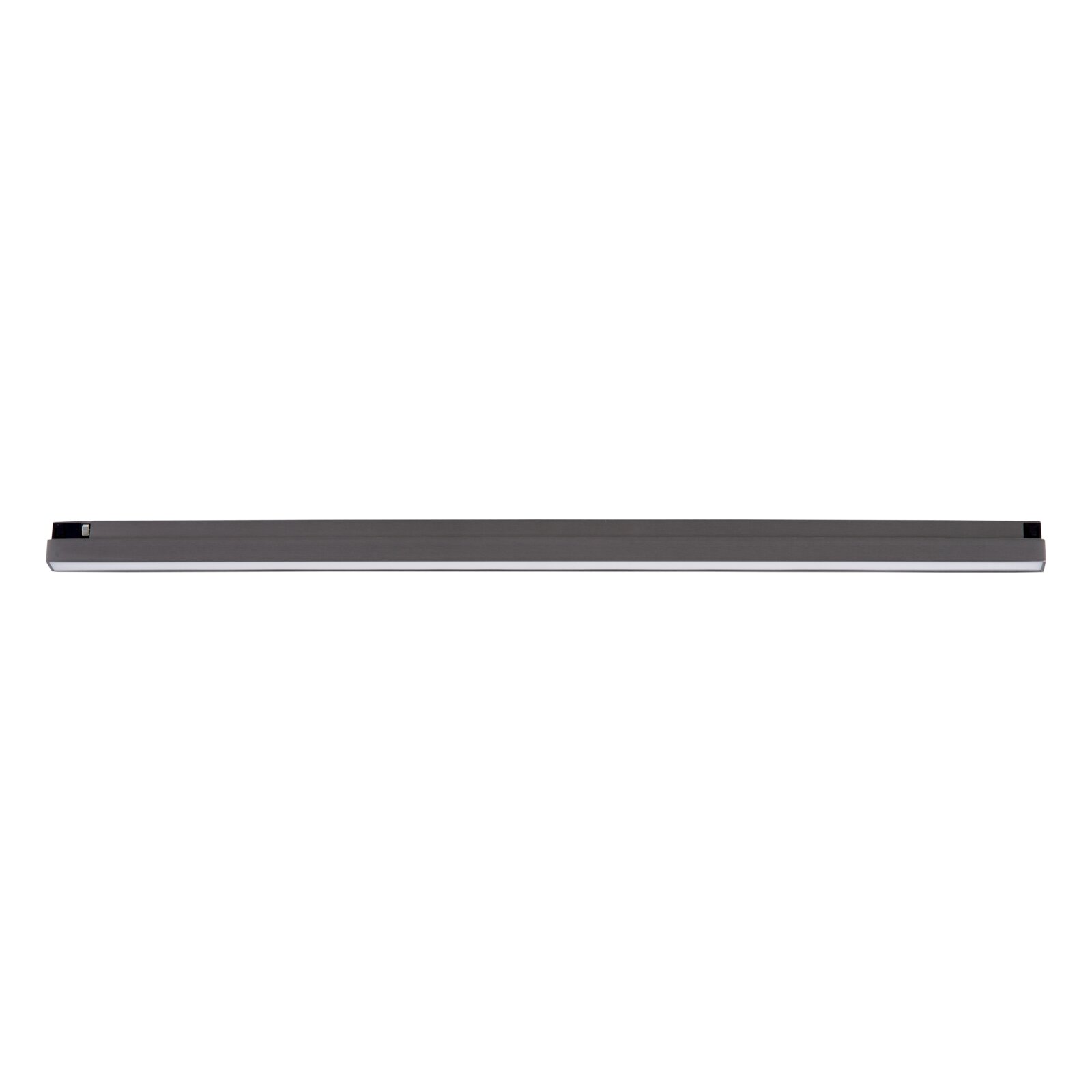 Langwerpige donkergrijze lineaire LED-armatuur/balklamp op witte achtergrond, frontaal zijaanzicht (recht van voren).