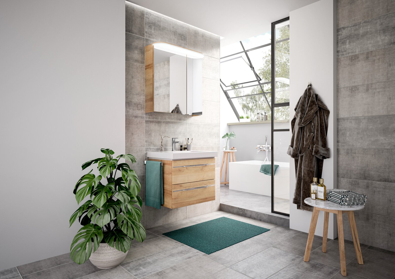 Moderne Badezimmeransicht mit hängendem Holz-Badblock, Spiegel und Waschbecken, umgeben von grauen Fliesen und natürlichem Licht.
