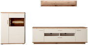 Wohnzimmermöbel-Set aus Sideboard und Vitrine in Weiß mit Holzoptik-Abdeckplatten, frontale Ansicht; Vitrine mit Glasfach und Beleuchtung, Sideboard mit Türen, Schubladen und offenen Fächern