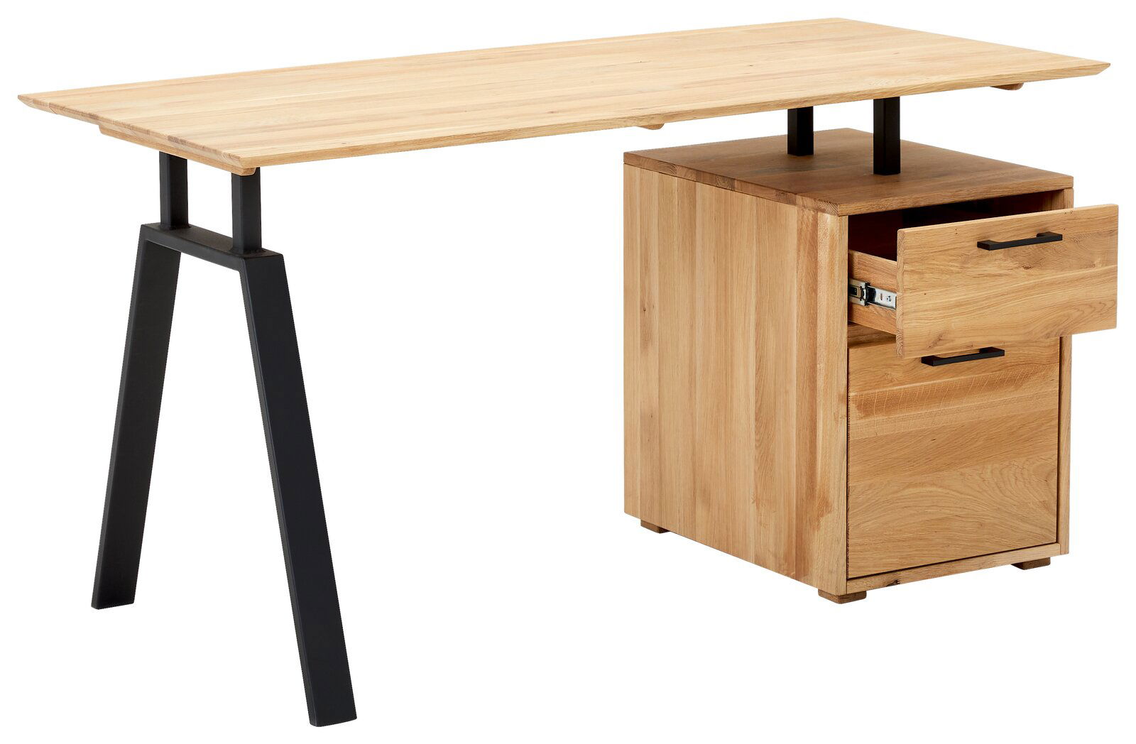 Moderner Schreibtisch aus Holz mit schwarzem Metallgestell, Schubladen auf der rechten Seite, seitliche Perspektive
