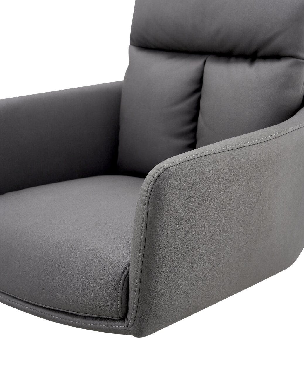 Grauer Armlehnstuhl EMMA aus Stoff, Nahaufnahme von der Seite