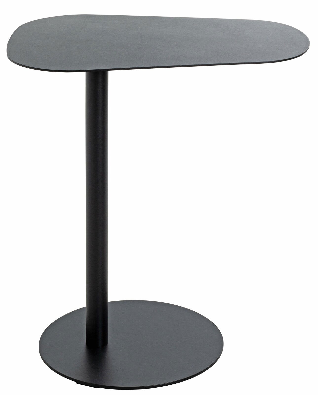 Moderner schwarzer Beistelltisch mit runder Basis und asymmetrischer Tischplatte, seitliche Perspektive