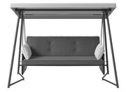 Hollywoodschaukel mit grauem Polster und zwei weißen Kissen, frontal betrachtet.