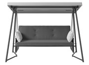 Hollywoodschaukel mit grauem Polster und zwei weißen Kissen, frontal betrachtet.