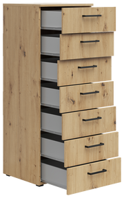 Holzkommode mit sieben offenen Schubladen, seitliche Perspektive