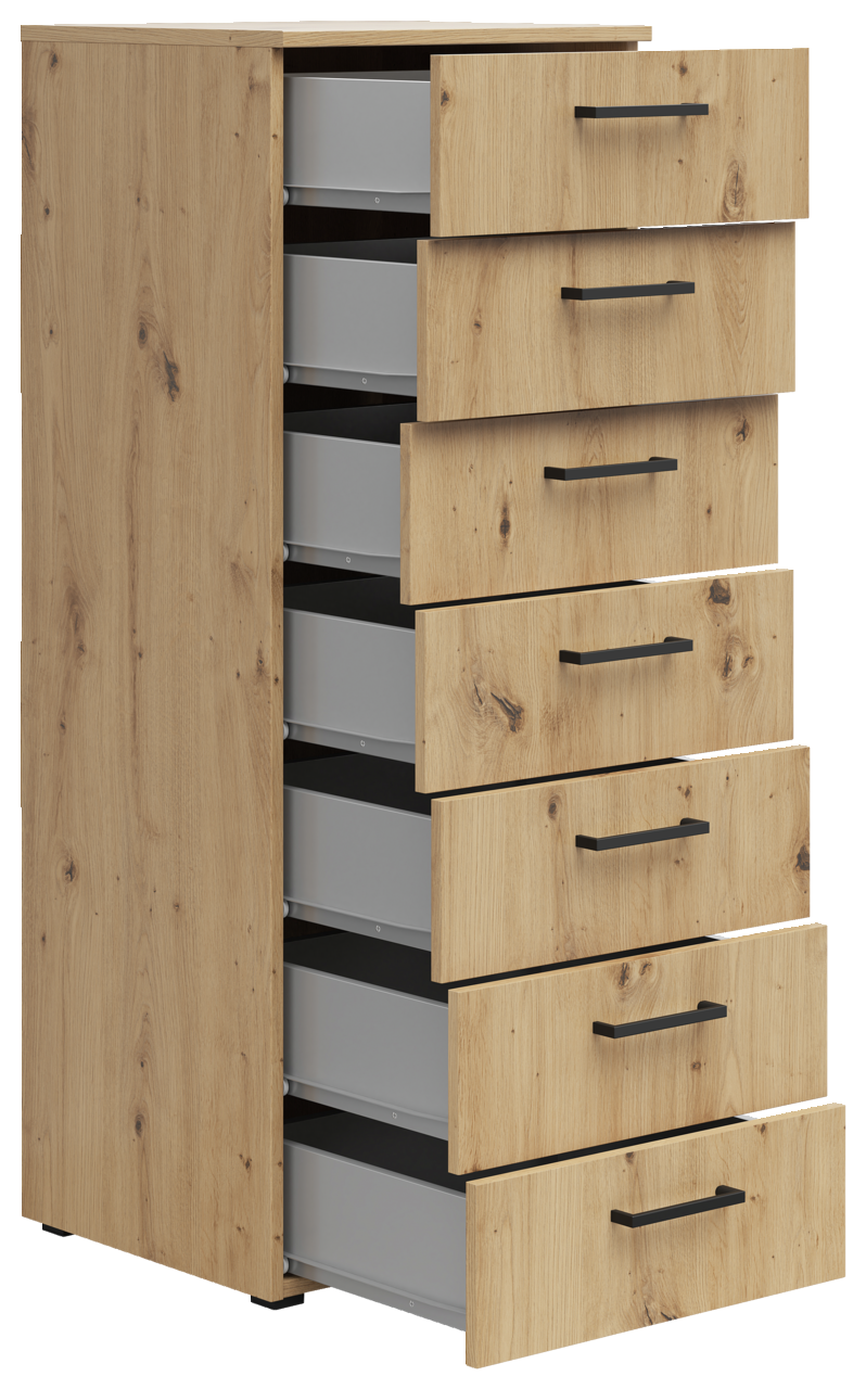 Holzkommode mit sieben offenen Schubladen, seitliche Perspektive