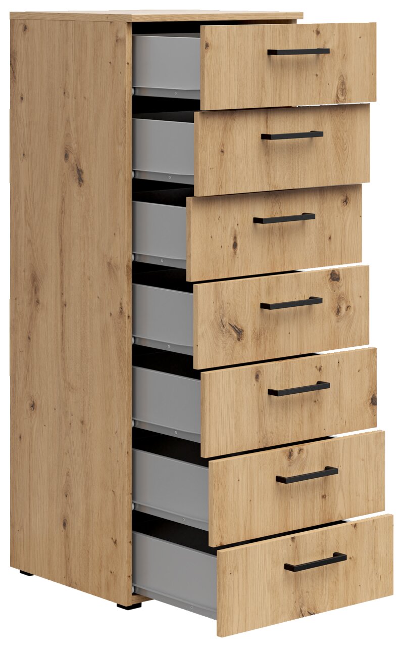 Holzkommode mit sieben offenen Schubladen, seitliche Perspektive