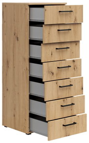 Holzkommode mit sieben offenen Schubladen, seitliche Perspektive