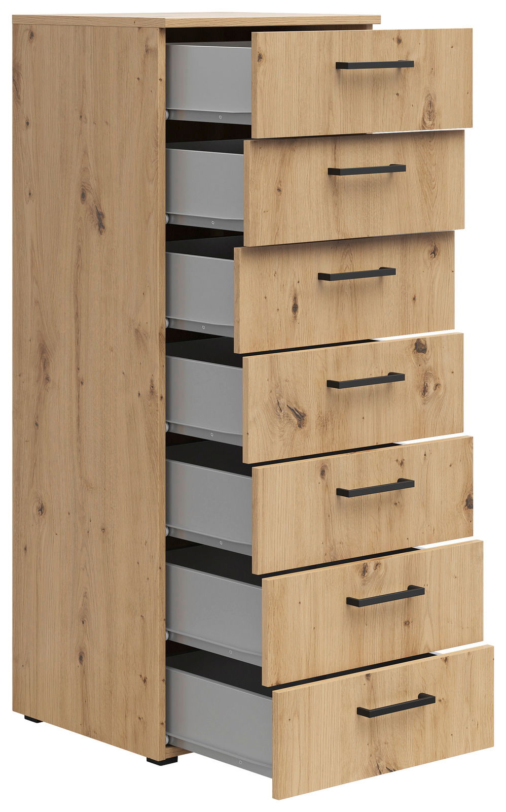 Holzkommode mit sieben offenen Schubladen, seitliche Perspektive