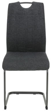 Moderner Schwingstuhl mit grauem Stoffbezug und Metallgestell, Frontalansicht