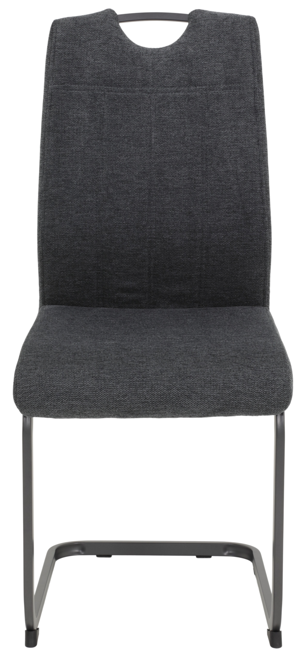 Moderner Schwingstuhl mit grauem Stoffbezug und Metallgestell, Frontalansicht