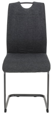 Moderner Schwingstuhl mit grauem Stoffbezug und Metallgestell, Frontalansicht