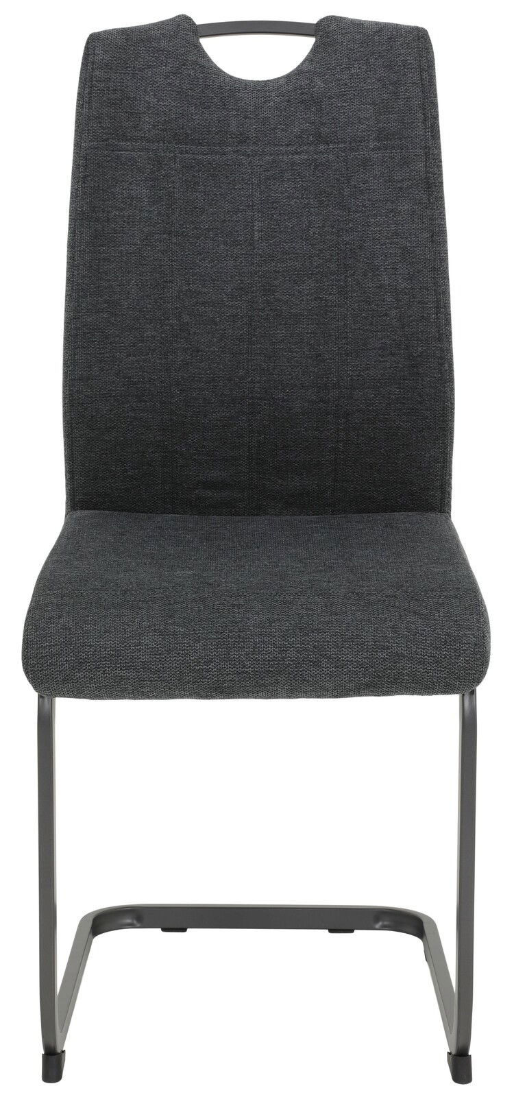 Moderner Schwingstuhl mit grauem Stoffbezug und Metallgestell, Frontalansicht