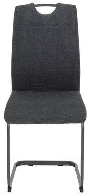Moderner Schwingstuhl mit grauem Stoffbezug und Metallgestell, Frontalansicht