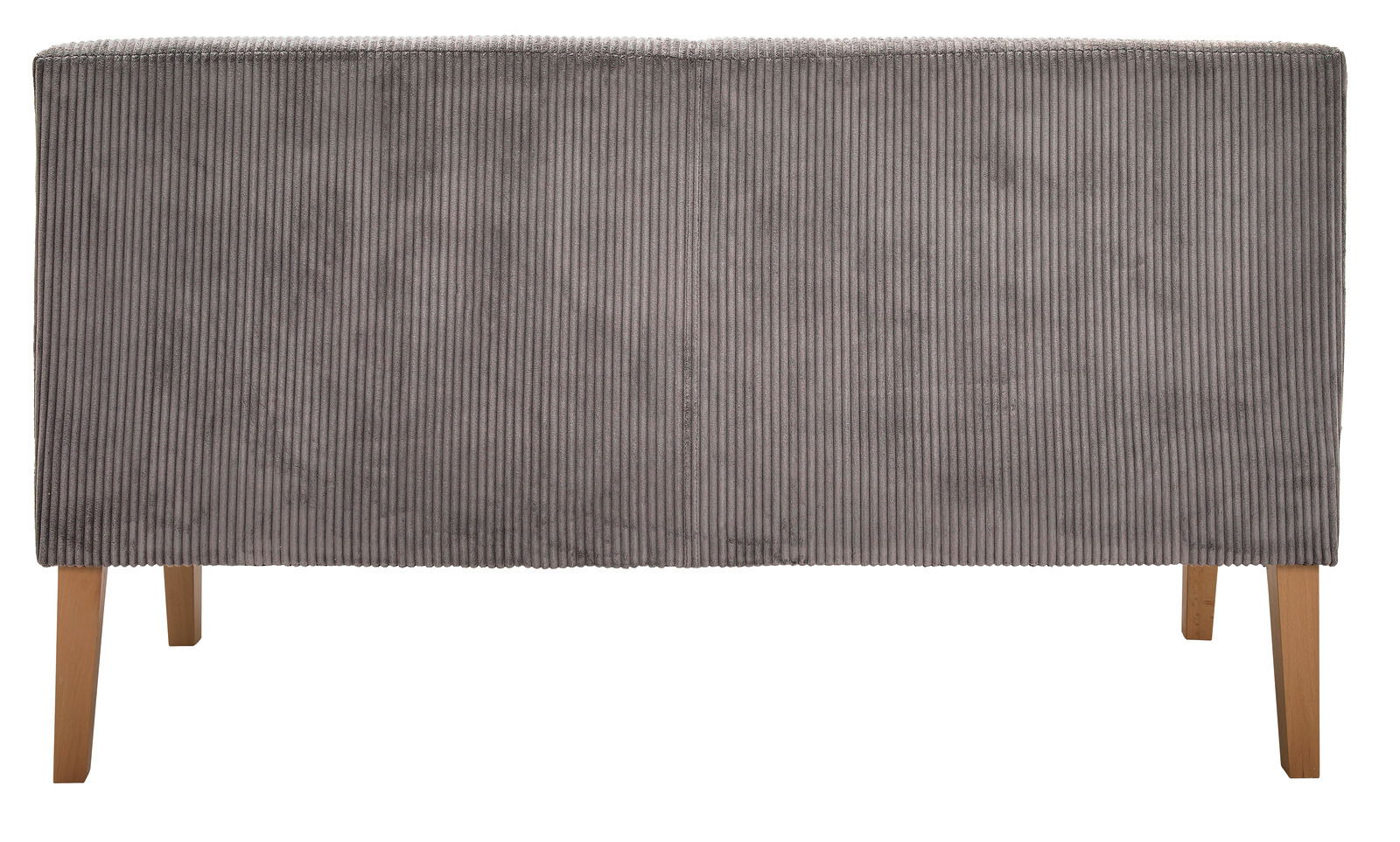 Rückansicht einer grauen Sitzbank mit Holzbeinen und geripptem Stoffbezug.