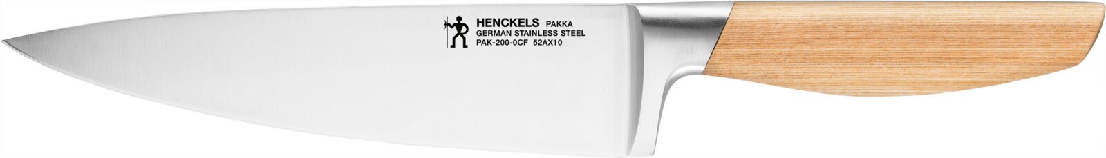 Henckels by Zwilling Kochmesser PAKKA Henckels Pakka Kochmesser aus deutschem Edelstahl mit hellem Holzgriff, in seitlicher Gesamtansicht auf weißem Hintergrund