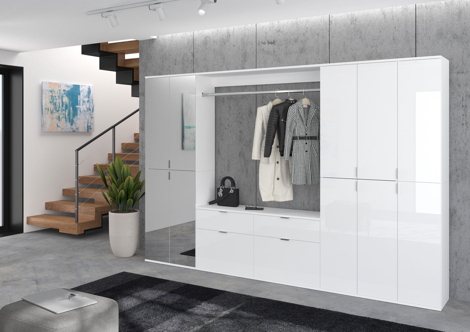 Moderner weißer Hochschrank mit glänzender Oberfläche, offene Garderobe mit hängenden Mänteln, seitliche Perspektive