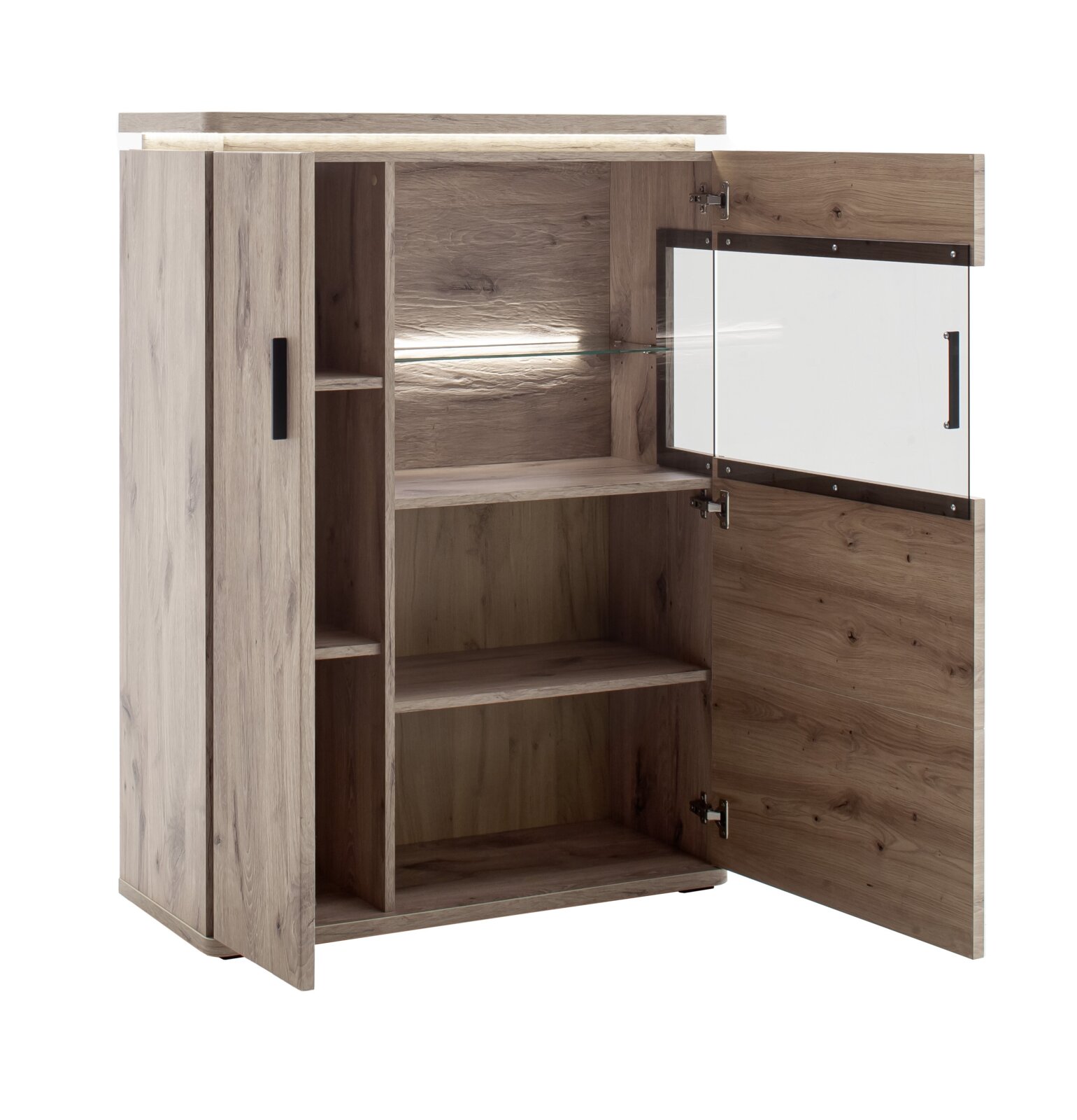 Zurbrüggen Highboard MODENA Holz-Vitrine/Schrank in Eichenoptik mit geöffneter Tür, Glasablage und LED-Innenbeleuchtung, schräg von vorn rechts fotografiert