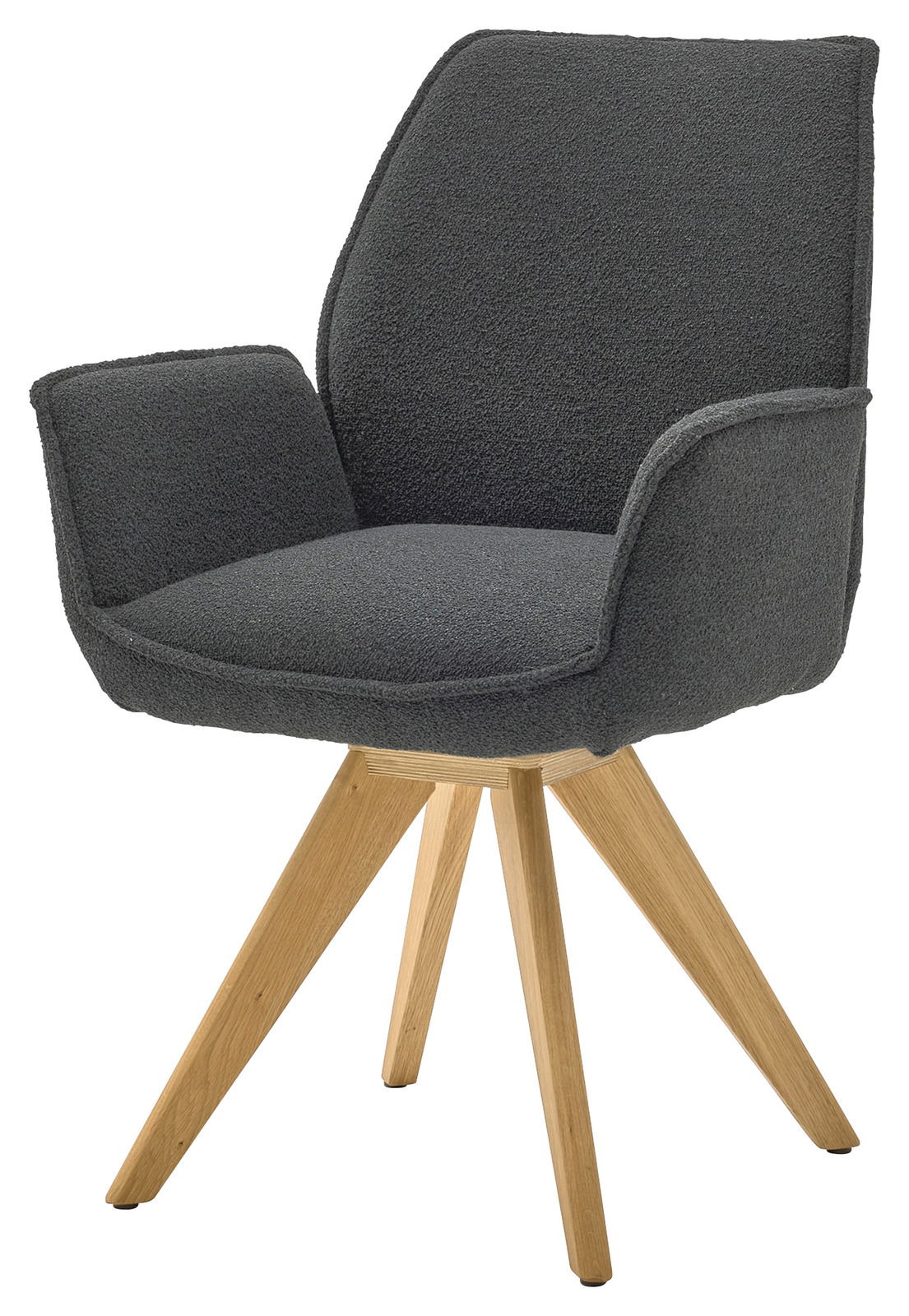 Grauer Armlehnstuhl mit Holzbeinen, seitliche Perspektive