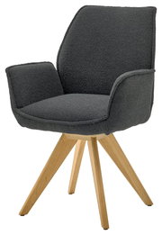 Grauer Armlehnstuhl mit Holzbeinen, seitliche Perspektive