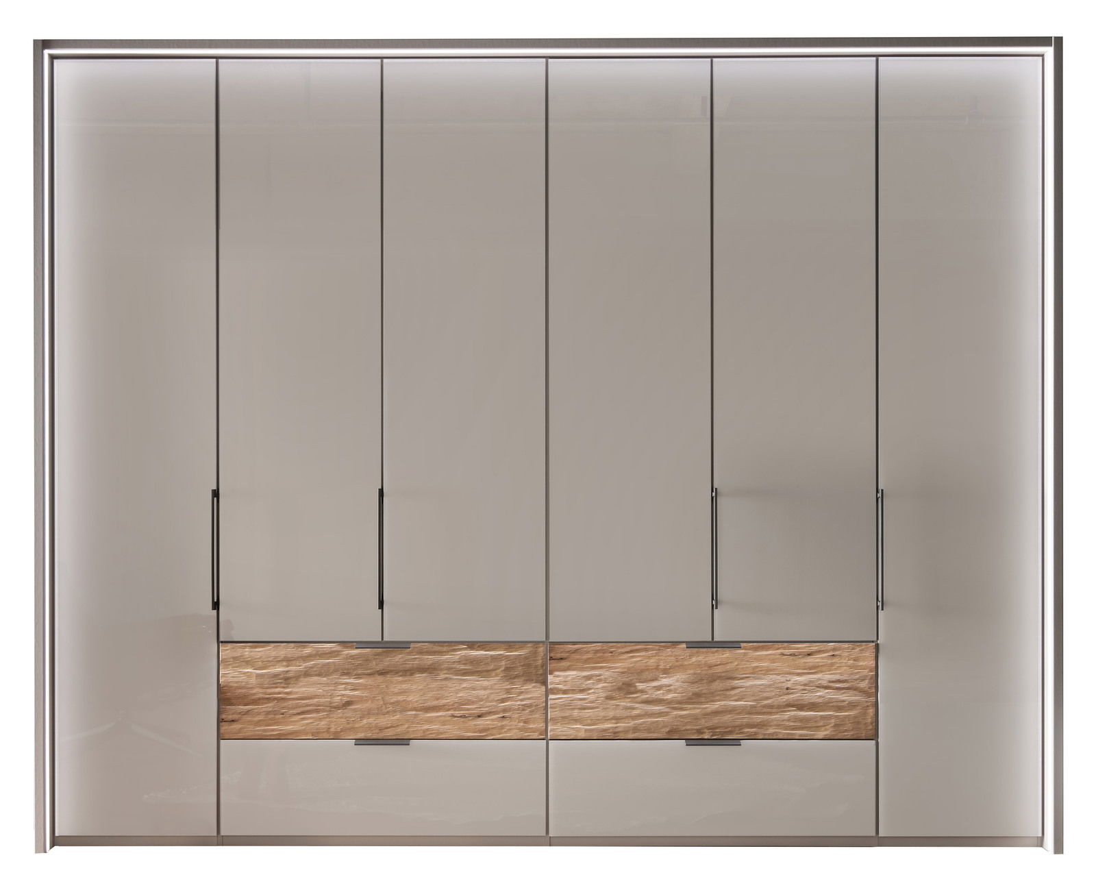 Sechs-türiger Funktionsschrank in moderner Frontansicht mit glatten, glänzenden Oberflächen und zwei mittleren Schubladen in Holzoptik.
