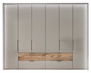 Sechs-türiger Funktionsschrank in moderner Frontansicht mit glatten, glänzenden Oberflächen und zwei mittleren Schubladen in Holzoptik.