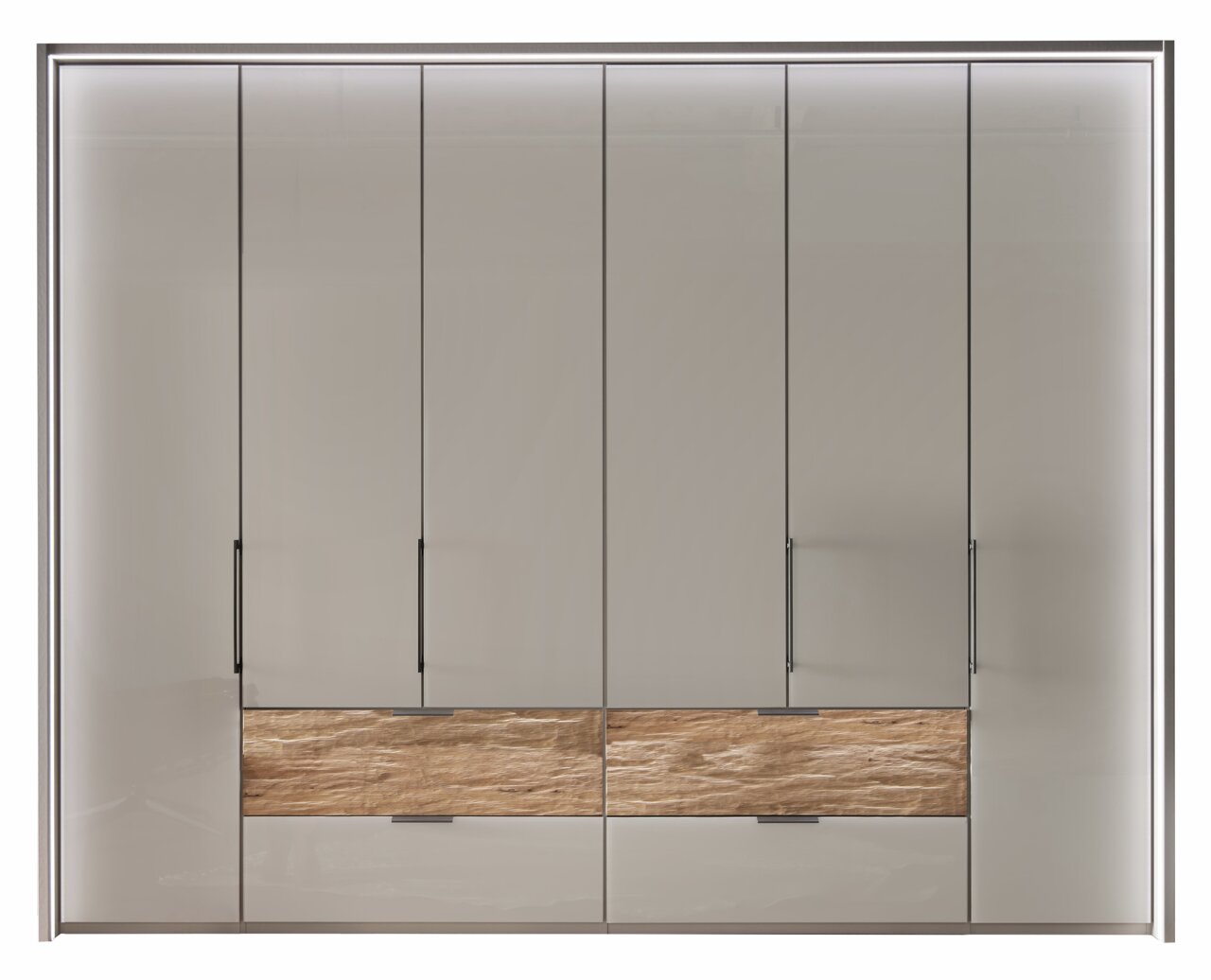 Sechs-türiger Funktionsschrank in moderner Frontansicht mit glatten, glänzenden Oberflächen und zwei mittleren Schubladen in Holzoptik.