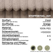 Nahaufnahme eines Stoffes in Greige, Typ Cord, aus 100% PES, geeignet für ein Schlafsofa. Perspektive: seitliche Ansicht.