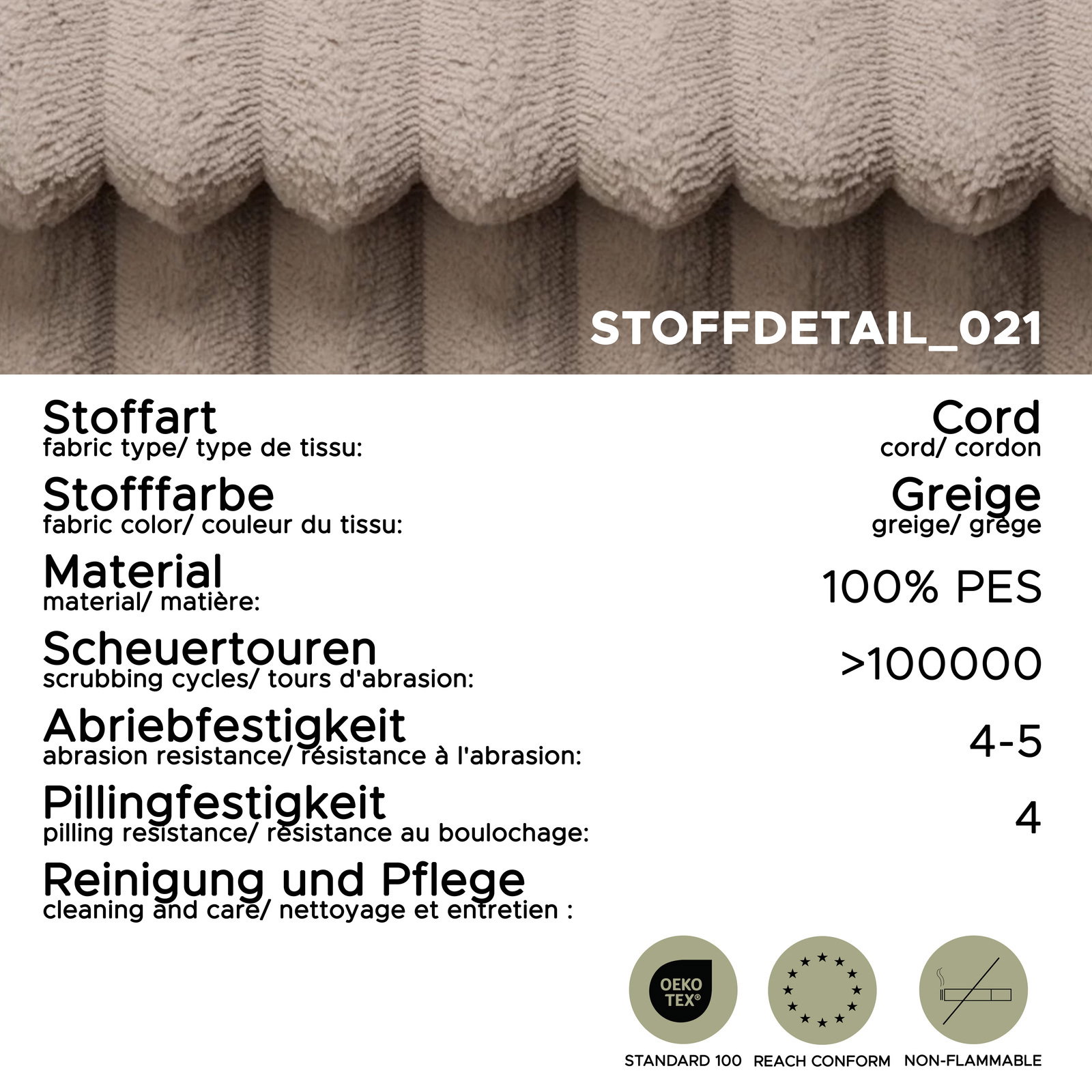 Nahaufnahme eines Stoffes in Greige, Typ Cord, aus 100% PES, geeignet für ein Schlafsofa. Perspektive: seitliche Ansicht.