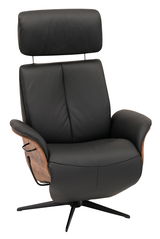 Schwarzer Relaxsessel Welnova 7602 BALANCE mit Holzdetails und verstellbarer Kopfstütze, seitliche Perspektive