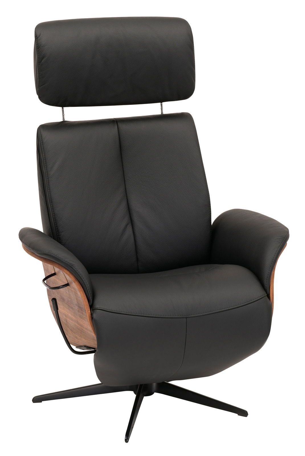 Welnova Relaxsessel 7602 BALANCE Schwarzer Relaxsessel Welnova 7602 BALANCE mit Holzdetails und verstellbarer Kopfstütze, seitliche Perspektive