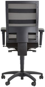 Rückansicht eines schwarzen Drehstuhls mit Netzrückenlehne und verstellbaren Armlehnen.