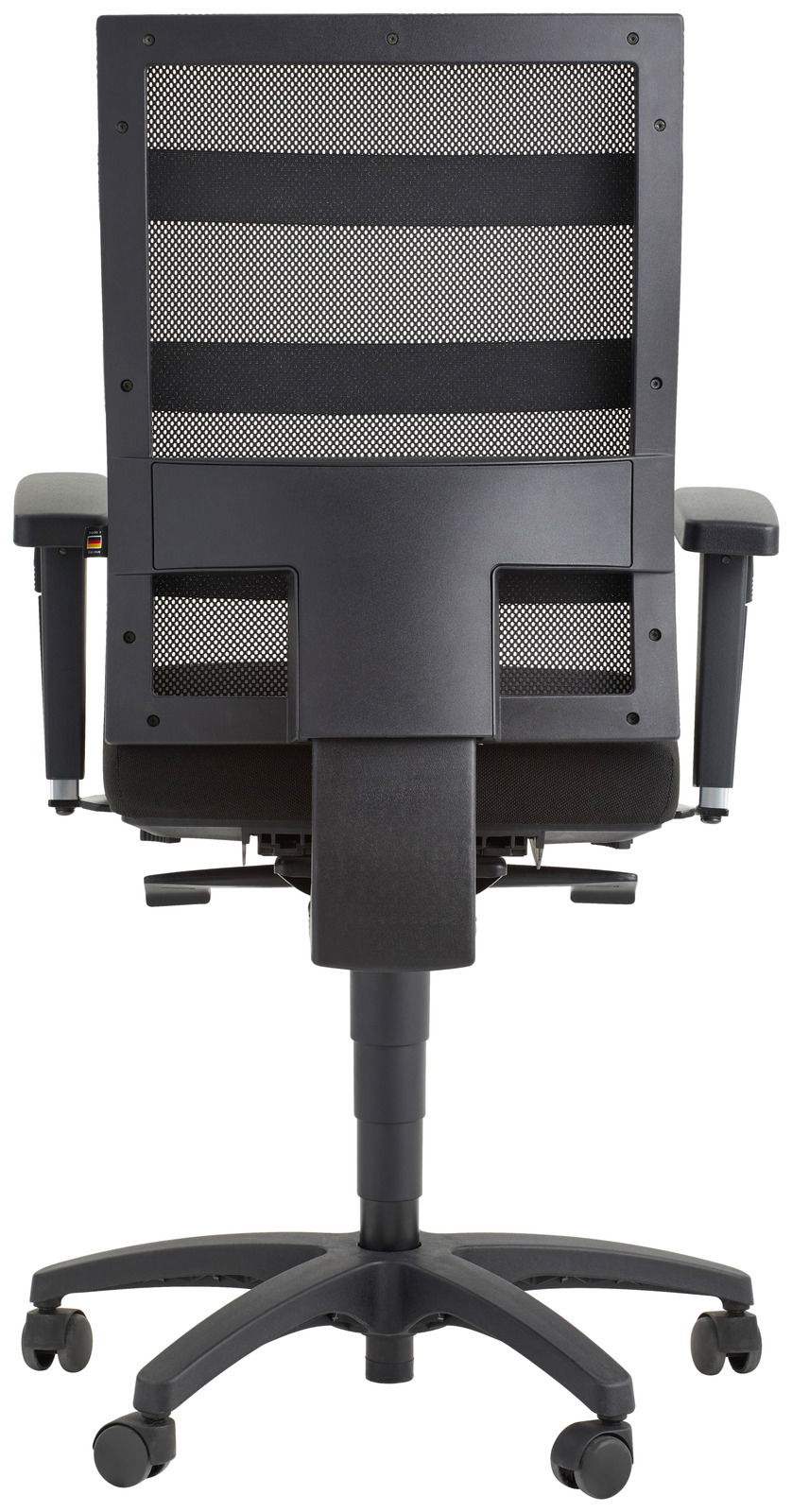 Rückansicht eines schwarzen Drehstuhls mit Netzrückenlehne und verstellbaren Armlehnen.