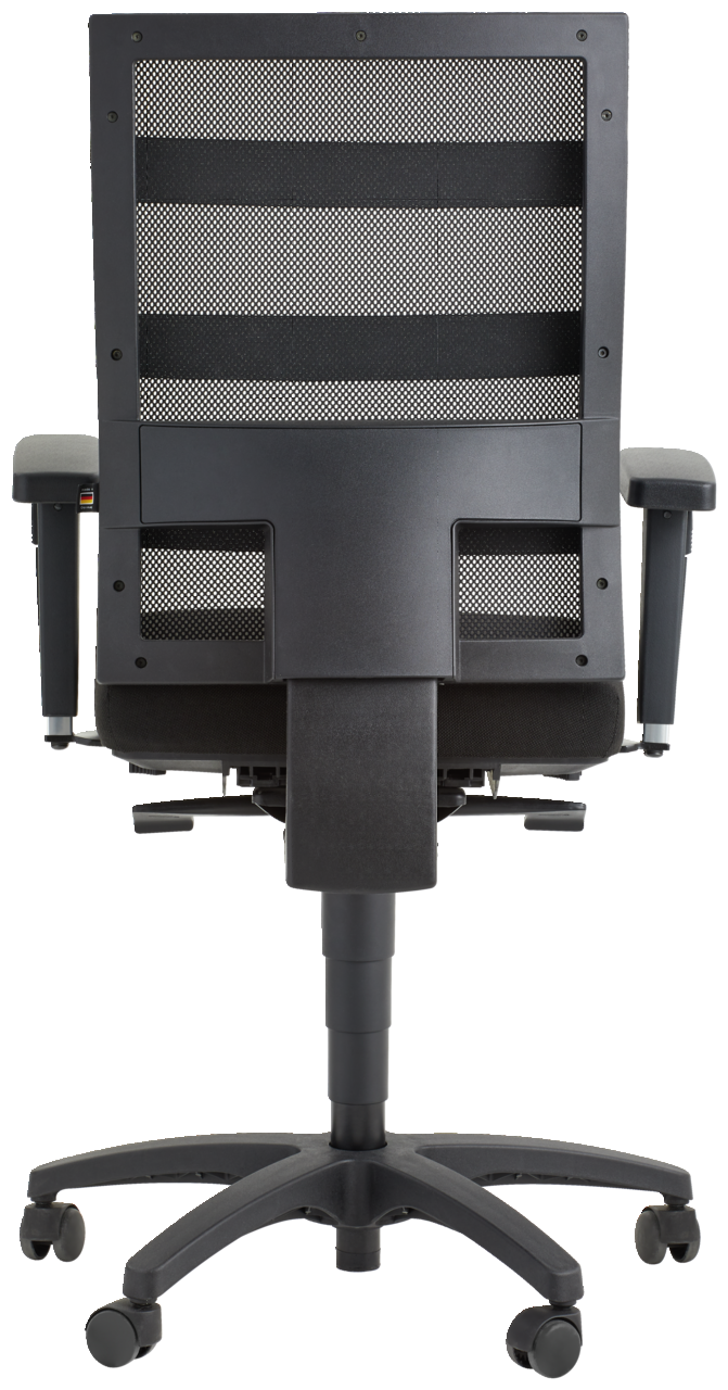 Rückansicht eines schwarzen Drehstuhls mit Netzrückenlehne und verstellbaren Armlehnen.