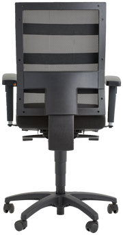 Rückansicht eines schwarzen Drehstuhls mit Netzrückenlehne und verstellbaren Armlehnen.