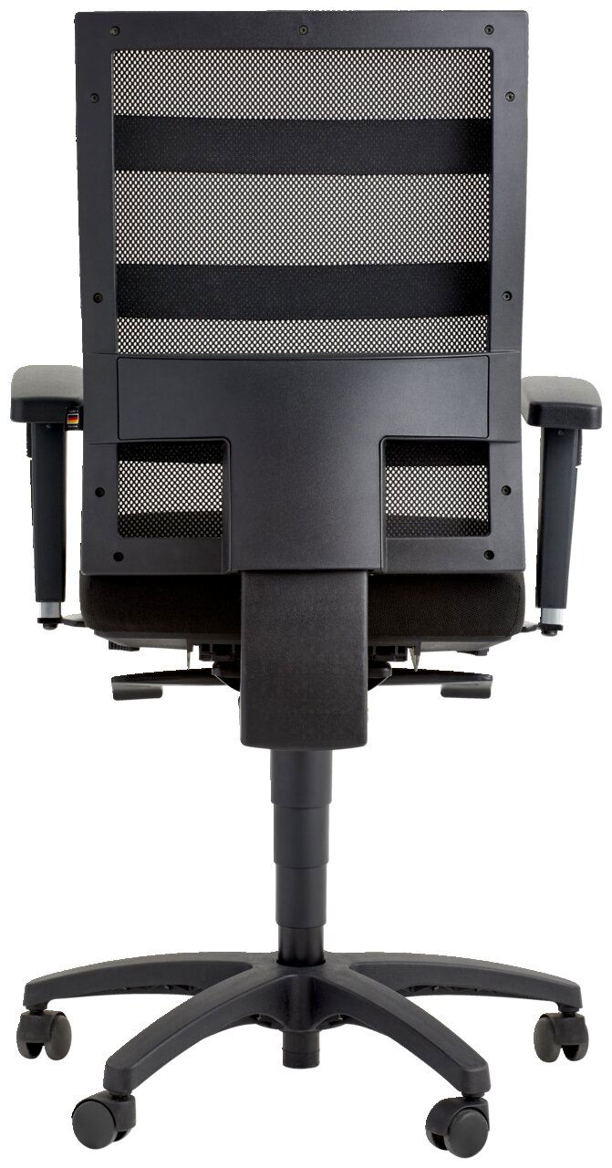 Rückansicht eines schwarzen Drehstuhls mit Netzrückenlehne und verstellbaren Armlehnen.