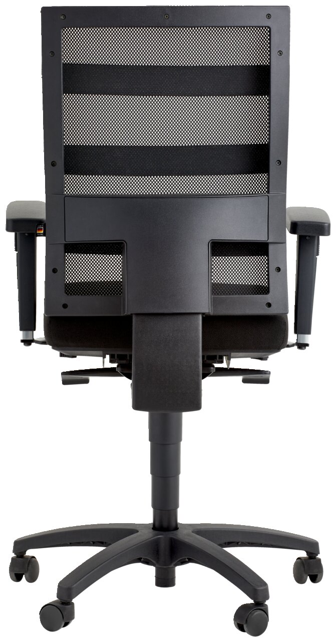 Rückansicht eines schwarzen Drehstuhls mit Netzrückenlehne und verstellbaren Armlehnen.