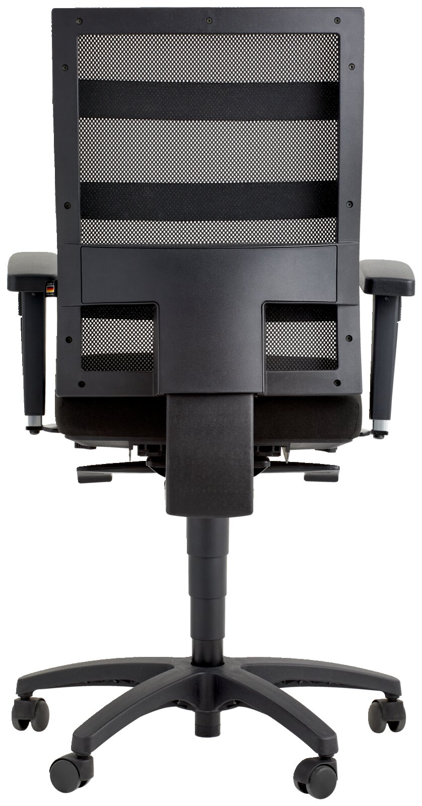 Rückansicht eines schwarzen Drehstuhls mit Netzrückenlehne und verstellbaren Armlehnen.