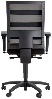 Rückansicht eines schwarzen Drehstuhls mit Netzrückenlehne und verstellbaren Armlehnen.